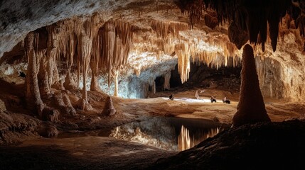 Obraz premium A stunning cave shows stalactites and a calm body of water