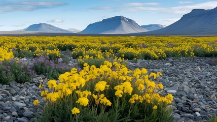 Fototapeta premium Country scene with flowers, plains and hills