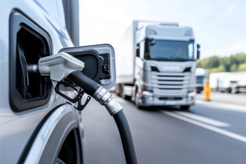 Fueling a delivery truck at a service station on a sunny day