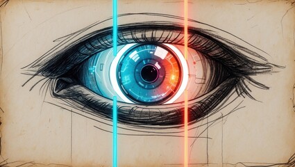 Eye drawing with blue and red lights. Detailed eyeball sketch with glowing colors on paper background.