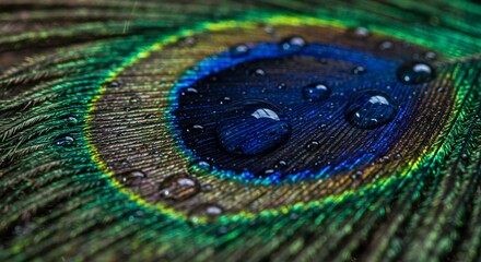 close-up of vibrant peacock feather with reflective water droplets