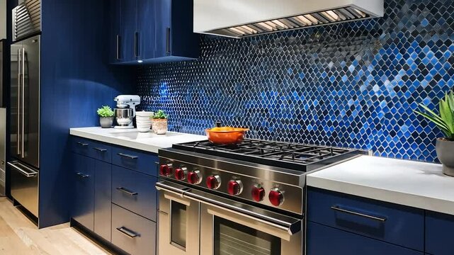 Modern navy blue kitchen with mosaic backsplash (1)
