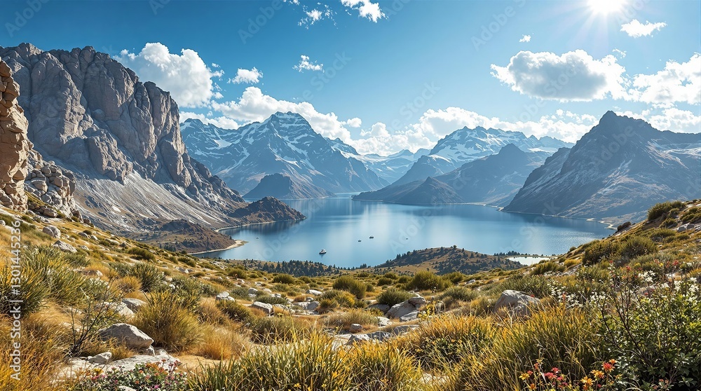 Poster a breathtaking panoramic view of a mountain range with a lake nestled between them, surrounded by lu
