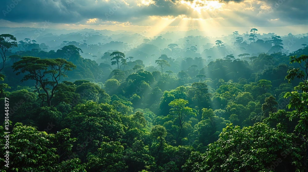 Poster a breathtaking view of a lush rainforest bathed in the golden light of the setting or rising sun, wi