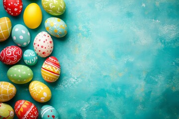 easter eggs with various designs displayed on a vibrant turquoise surface in a flat lay