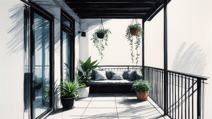 Fototapeta premium Balcony sketch with plants and pillows on bench. Sunlight casts shadows on tile floor in outdoor space.