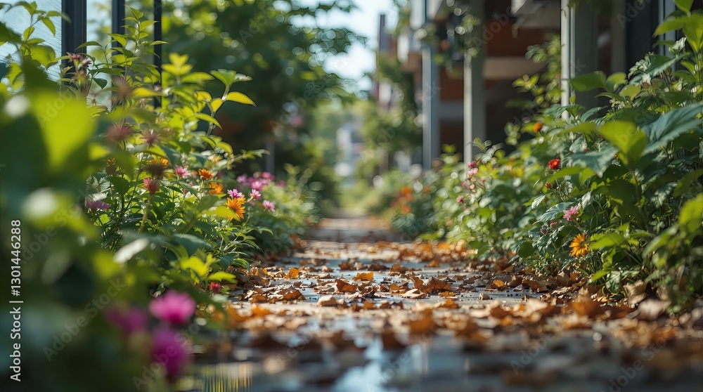Poster a blurred, sunlit path leading through a lush garden with a variety of plants and flowers on either 
