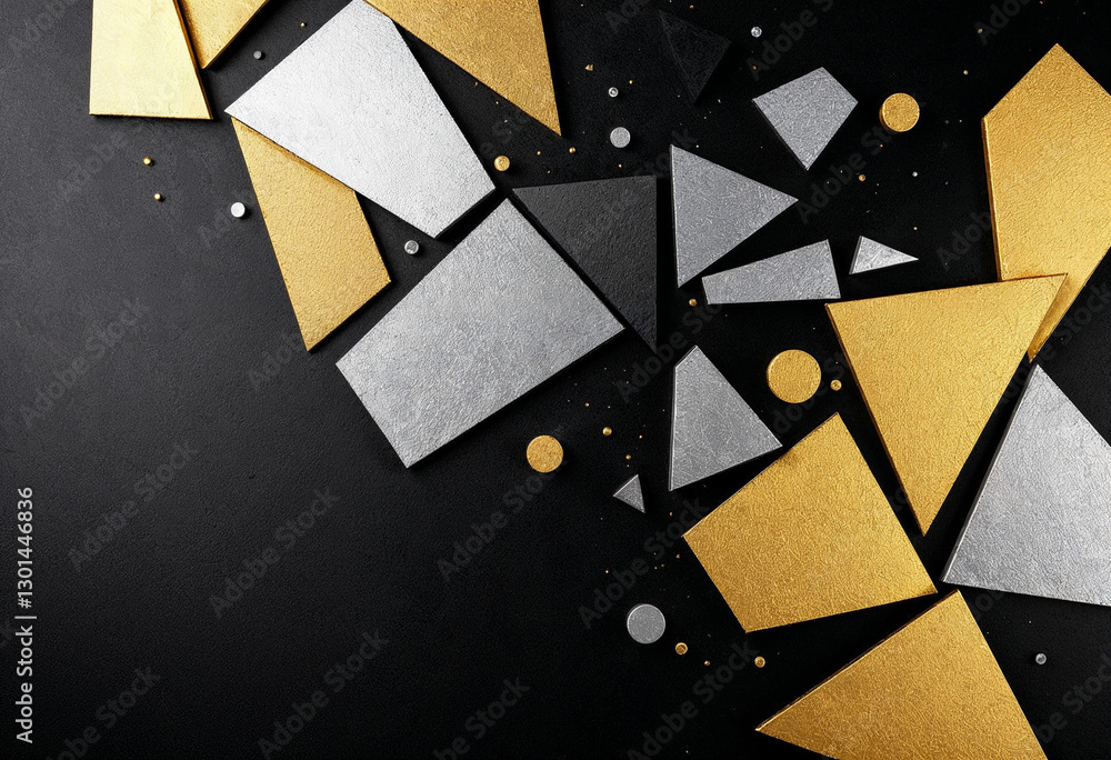 Poster modern geometric design featuring gold and silver shapes scattered on a black background, creating a