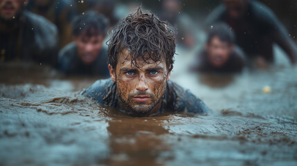 Mud Challenge - A determined looking man overcomes an obstacle course by crawling through muddy water. His face is dirty, but his eyes are full of confidence and desire to win..