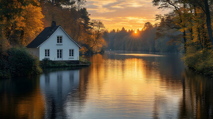 Fototapeta premium Autumnal Cabin by River at Sunset