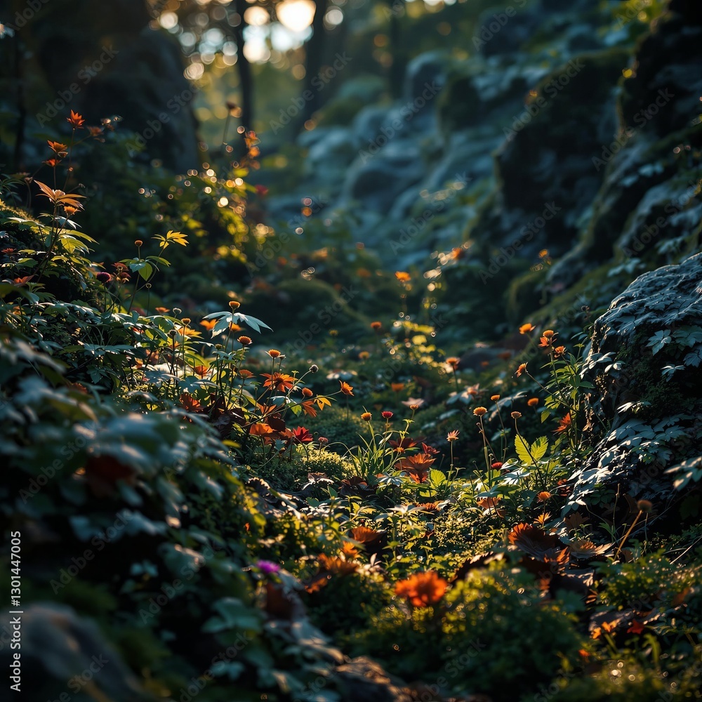 Poster a nature photograph capturing a tranquil forest scene during what appears to be the golden hour, wit