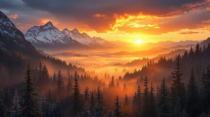 Obraz premium A breathtaking sunset over a mountain range, with the sun casting a warm, golden hue over the snow-capped peaks. The foreground is adorned with a dense forest of evergreen trees, while the background 
