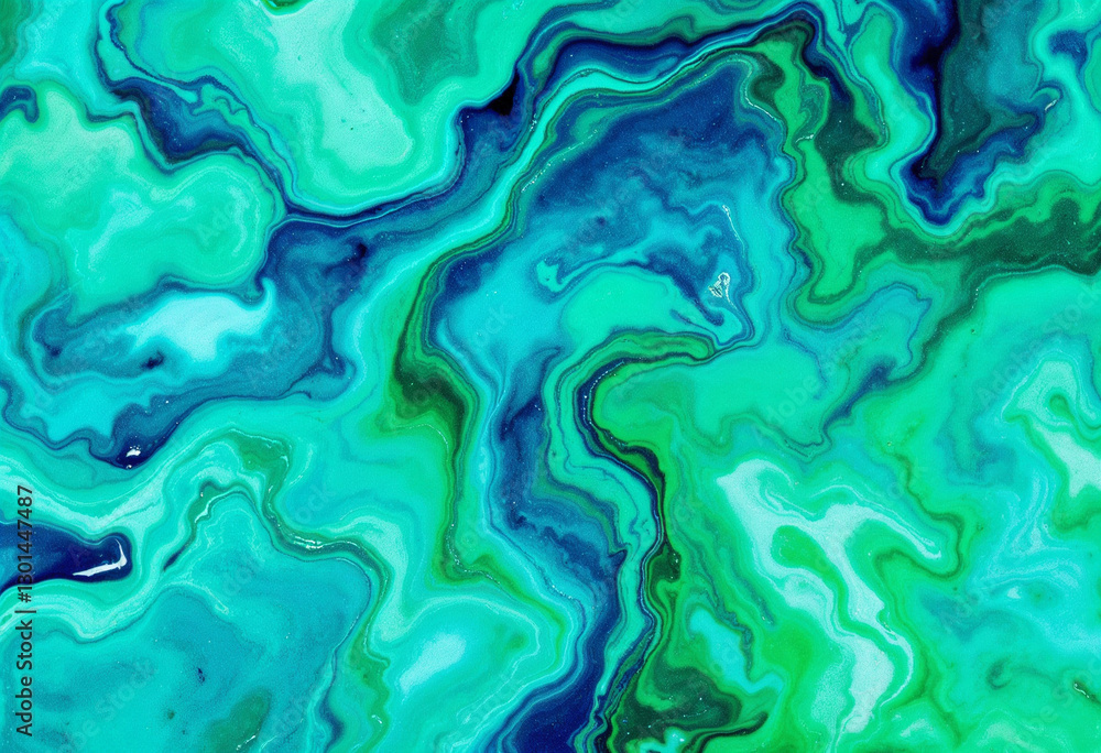 Poster abstract fluid design featuring vibrant blue and green swirling gradients, creating a smooth flowing
