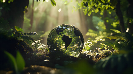 Reflective globe in lush forest highlighting the beauty of Earth and nature during daylight