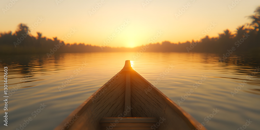 Poster canoe view of lake with trees in background at golden sunset. boat is in the foreground with a water