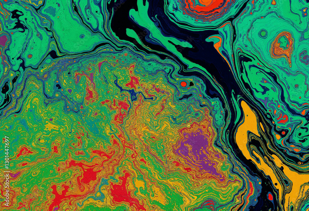 Poster vibrant abstract fluid design featuring swirling green, red, yellow, and black hues, creating a dyna