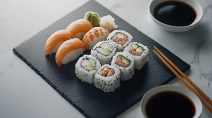 Fresh sushi rolls arranged beautifully on black slate plate with soy sauce, pickled ginger, and wasabi in a modern, minimalistic setting