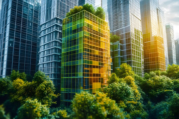 Obraz premium Eco-Friendly Construction: Sustainable Green Building Practices in Architectural Blueprints Digital Concept