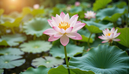 Obraz premium Mid-Autumn Festival. Lotus flower serenity in tranquil pond setting at noon, natural beauty