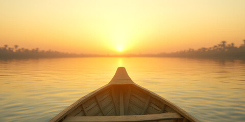 Boat floats on calm waters at sunrise. Soft light illuminating the serene scene, evoking peaceful exploration and natural beauty. Stillness on water.