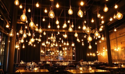 Obraz premium Unique lighting fixture arrangement illuminates restaurant interior.