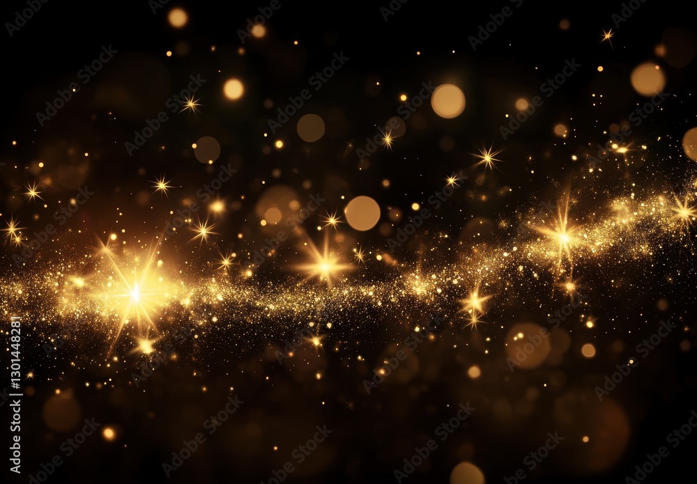 Poster golden glittering background with sparkling stars and bokeh lights for festive and celebratory theme