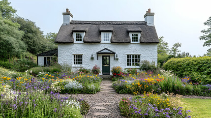 Charming thatched cottage with colorful garden