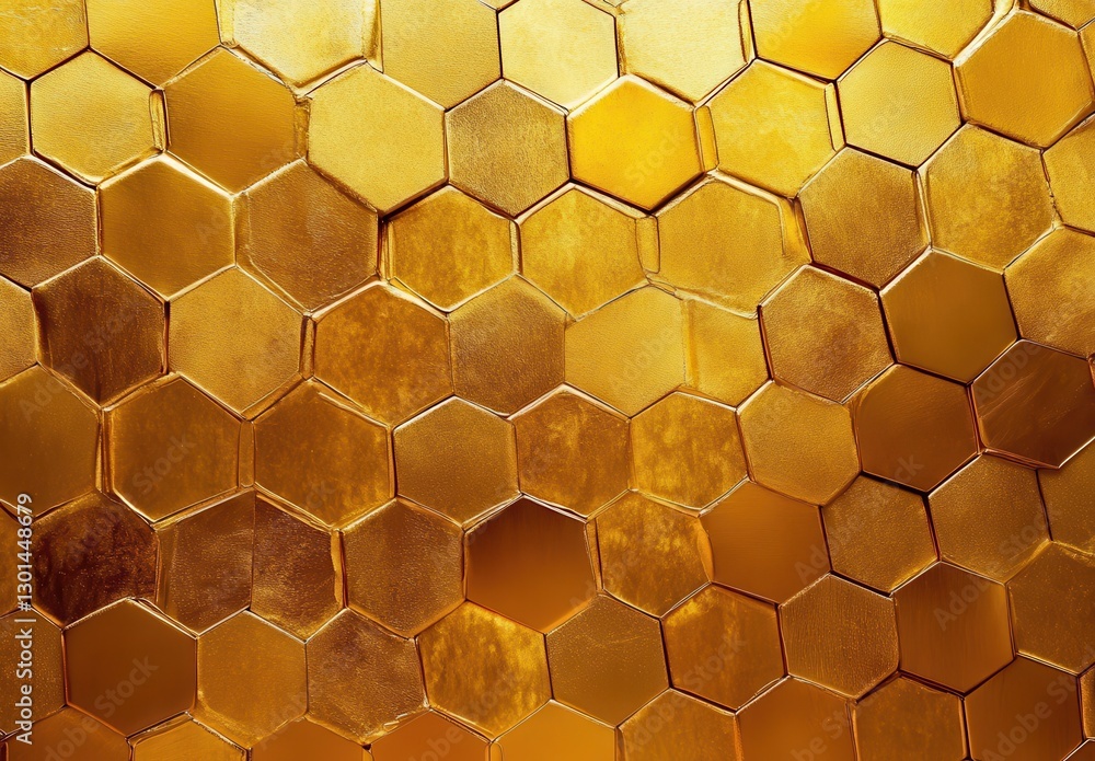 Poster golden hexagon pattern with shiny metallic surface for modern design, background, or abstract art us