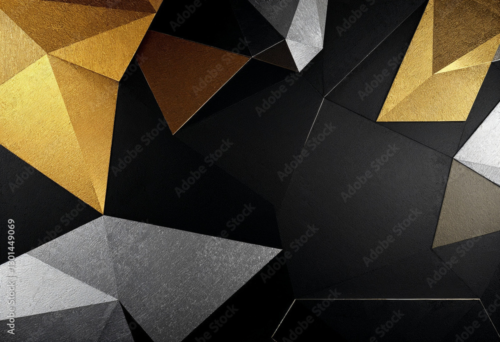 Poster geometric abstract design with metallic gold, silver, and black triangular shapes on a dark backgrou