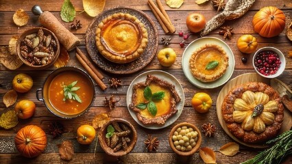 Fototapeta premium Autumnal Harvest Feast A Rustic Table Setting with Pumpkin Pies, Soup, and Seasonal Ingredients
