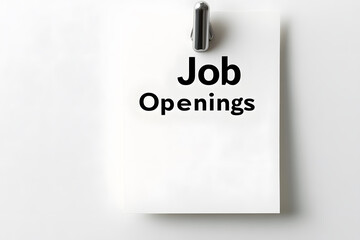 A sheet of paper clipped to a white wall displays the words "Job Openings" in bold, black font. The background is plain, offering a simple yet direct message.
