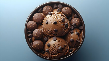 Chocolate ice cream scoops, balls, and chips in a bowl