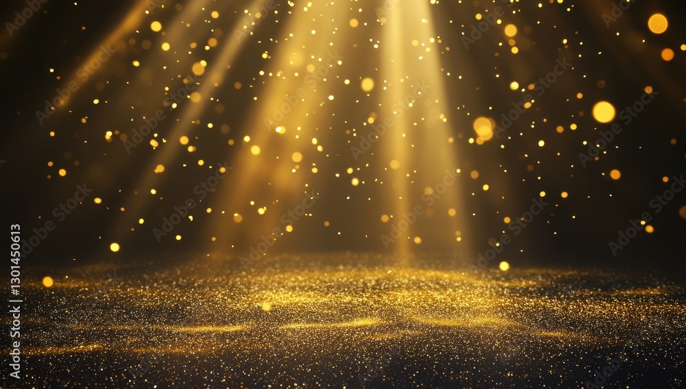 Poster golden ray of light shining through darkness with floating particles creating a magical and ethereal