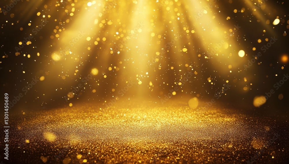 Poster golden sparkle background with soft light rays and shimmering particles for elegant design and glamo
