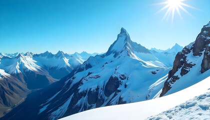 Obraz premium Una foto panorámica de una cadena montañosa bajo un cielo azul claro, con el Matterhorn en un lugar destacado. Las montañas están cubiertas de nieve, con crestas rocosas y picos visibles