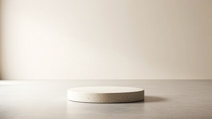 Round stone podium in an empty room with no shadows minimalistic design in beige colors. Stone stage for showcasing products. Dais blank copy space mock up for designers.
