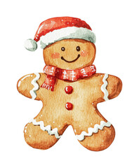 Fototapeta premium Cheerful gingerbread man wearing a red Santa hat and scarf during the Christmas holiday season for festive decorations or cards, cut out