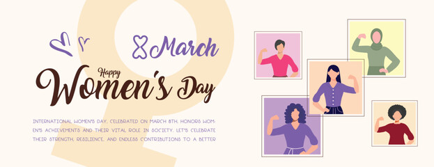 March 8 Women’s Day Banner & Post: 5 unique females with vibrant harmonious colors. Perfect for social media & versatile projects. #March8 #WomensDay
