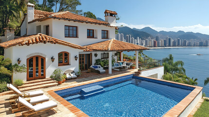 Fototapeta premium Coastal Villa Pool Deck with Ocean View