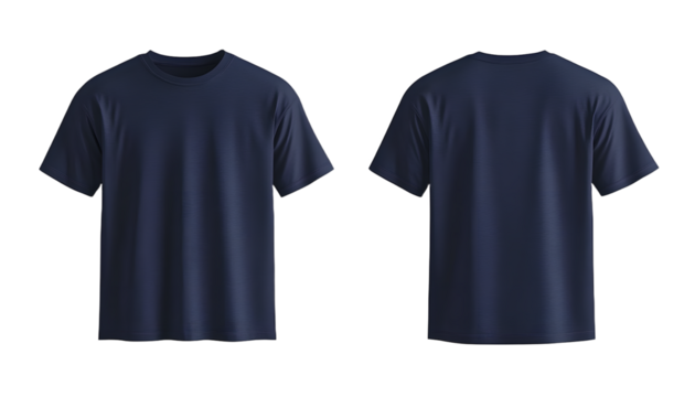 Two Plain Navy Blue T shirts on a White Background Mockup, Front and Back View