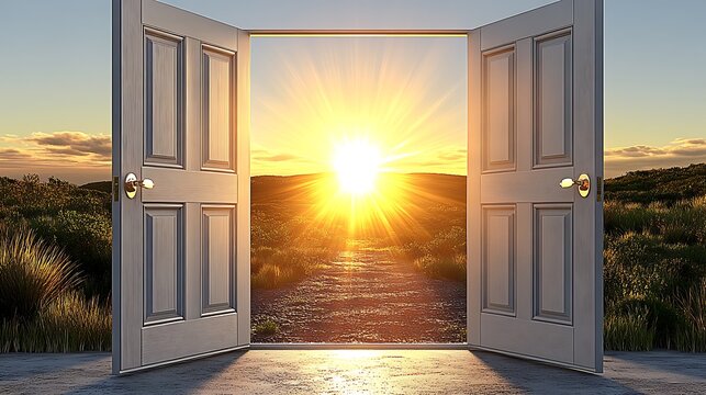 Bright sunlight shines through an open door into a field of grass