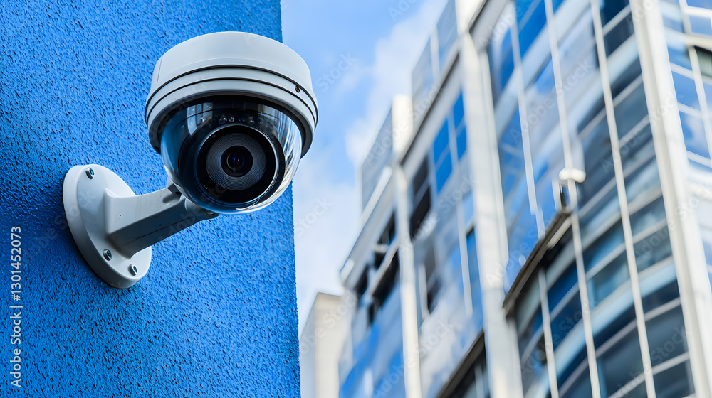 Poster security camera on a building. security camera on building with a view of other buildings and blue s