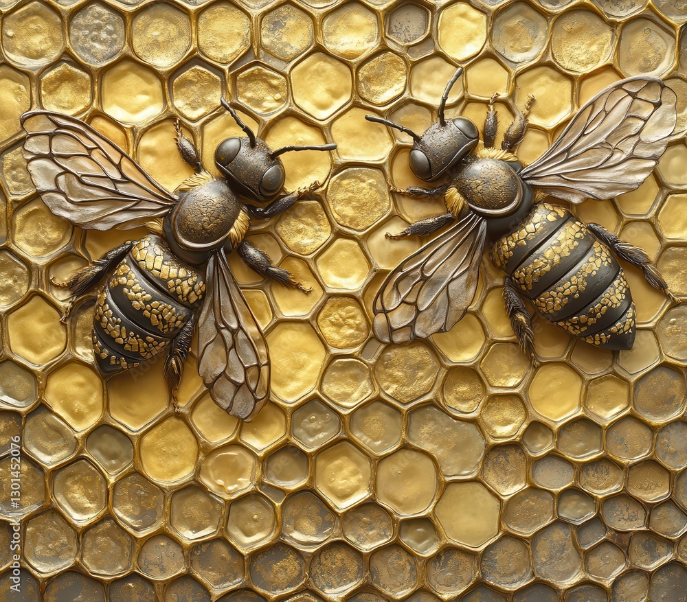 Poster intricate close-up of two metallic bees resting on shimmering honeycomb textured background with gol