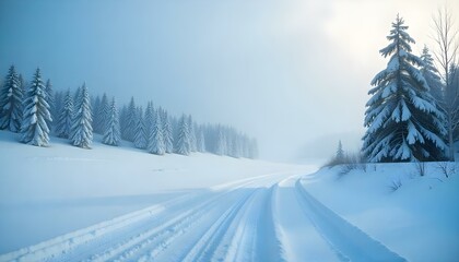 Fototapeta premium Paisaje invernal con colinas cubiertas de nieve y árboles contra un cielo azul brillante, efecto bokeh, iluminación suave y difusa, lente gran angular