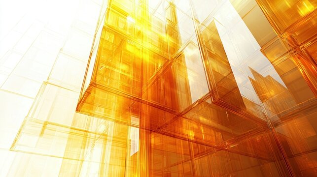 Abstract golden glass cubes, architectural design, bright background, modern building concept