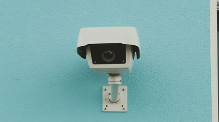 Outdoor security camera mounted on a light blue stucco wall providing surveillance and monitoring of the surroundings.