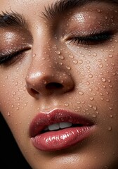Naklejka premium Glossy Wet Face with Water Droplets _ Woman in the rain - Sensual Beauty Close-Up