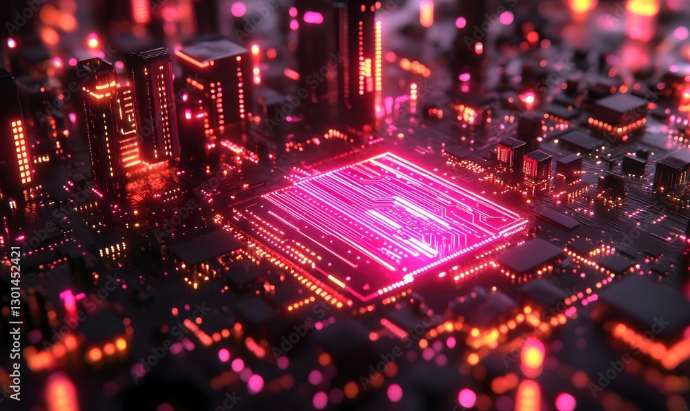 Poster abstract city of circuitry with a vibrant red glow representing advanced tech
