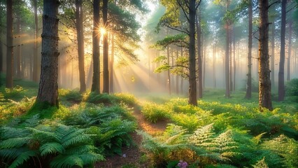 Sunlit Path Through a Misty Forest of Tall Trees and Lush Ferns