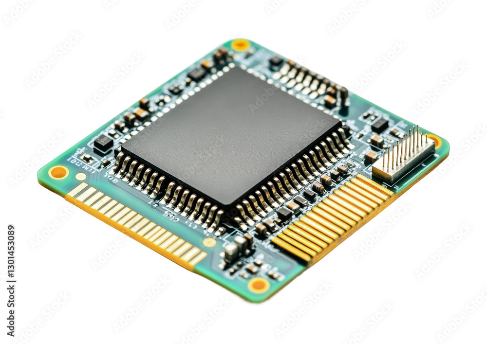 Poster electronic circuit board with microchip showcasing advanced technology for innovation and design pro